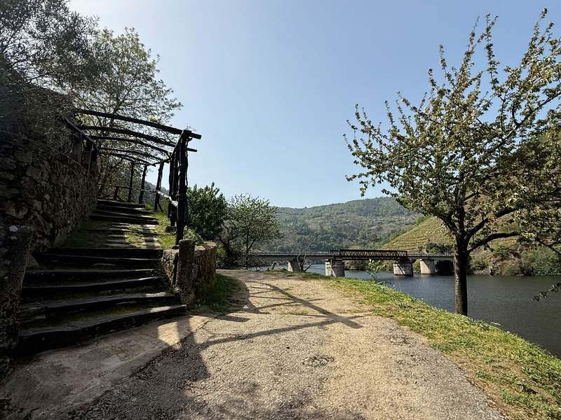 Wooden arches and steps leading up to the Sacra a ActivTasting Room from the river.