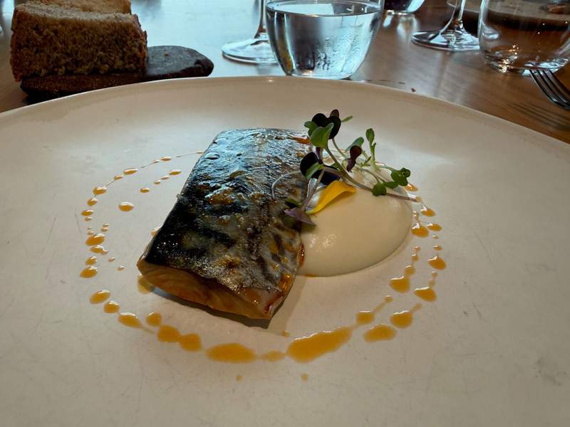 Mackerel dish displayed beautifully on the plate at Vértigo Restaurante.