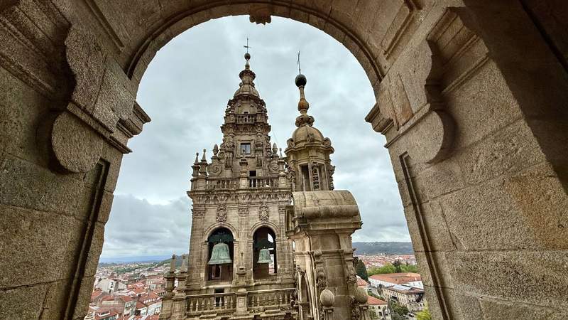 Looking out from the upper levels of the Cathedral of Santiago de Compostela across into the bell tower.