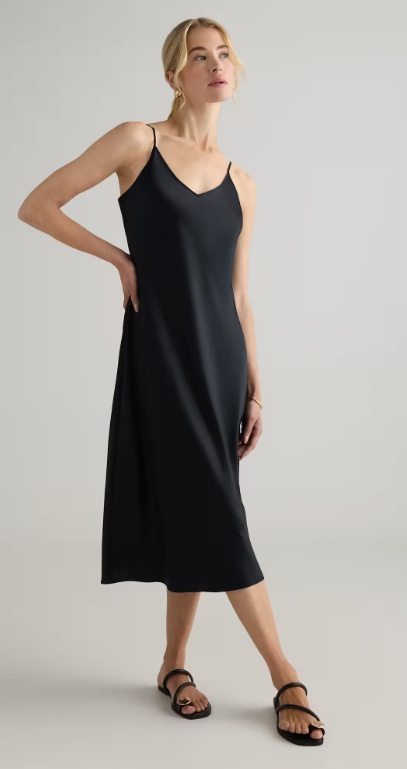 Blond model wearing a silk slip dress