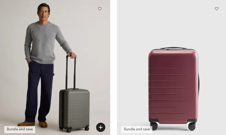 man standing next to a Quince roll-aboard carryon suitcase
