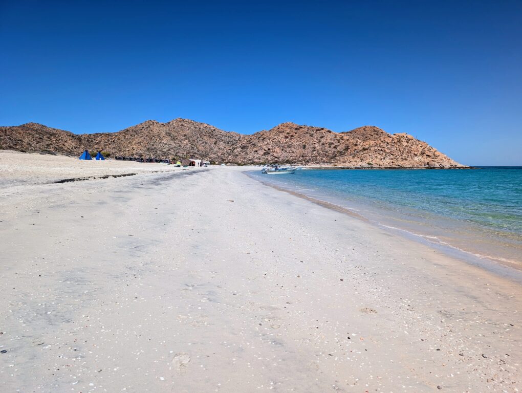 Wide white sand beach at Espiritu Santo Island off La Paz Mexico