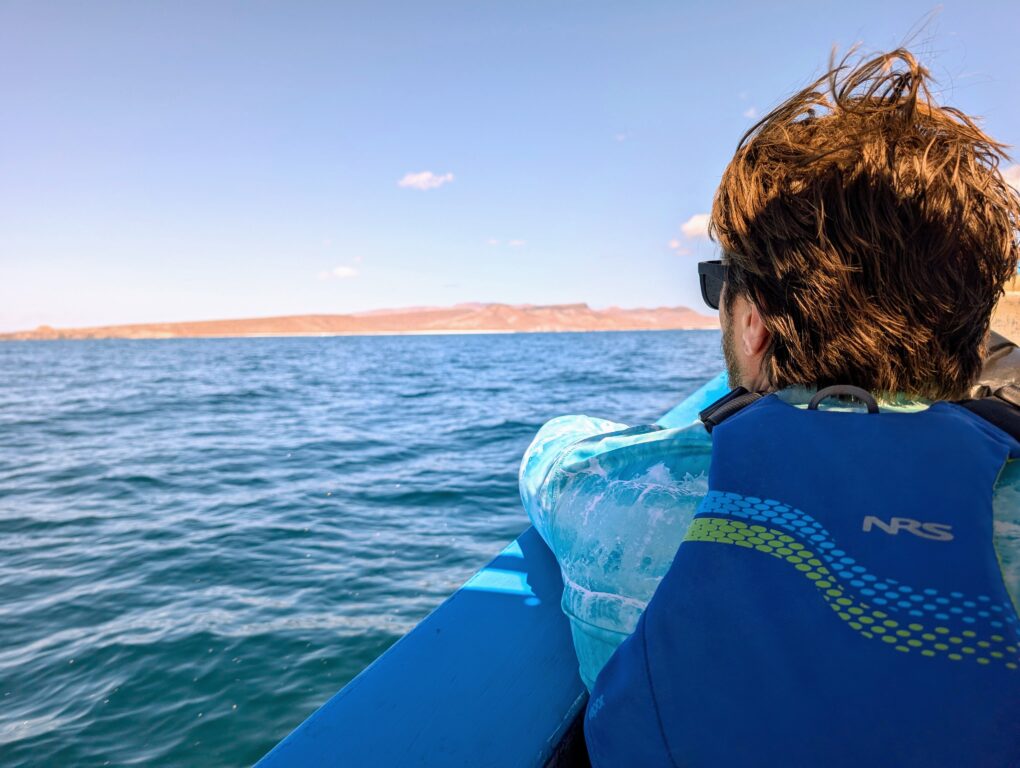 Looking over a man's shoulder to the blue water of the Sea of Cortez