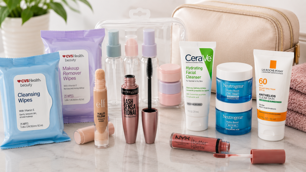 group of travel-sized toiletries