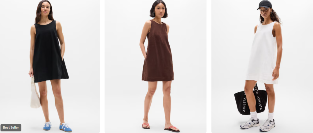 three models wearing a linen dress from Athleta
