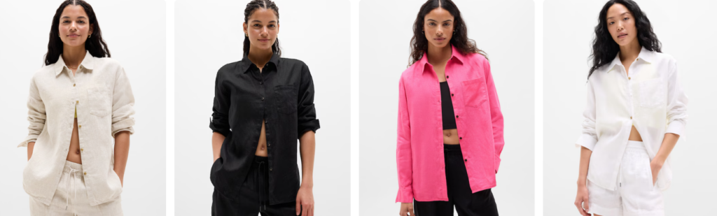 Four models wearing Athleta long-sleeved linent shirts