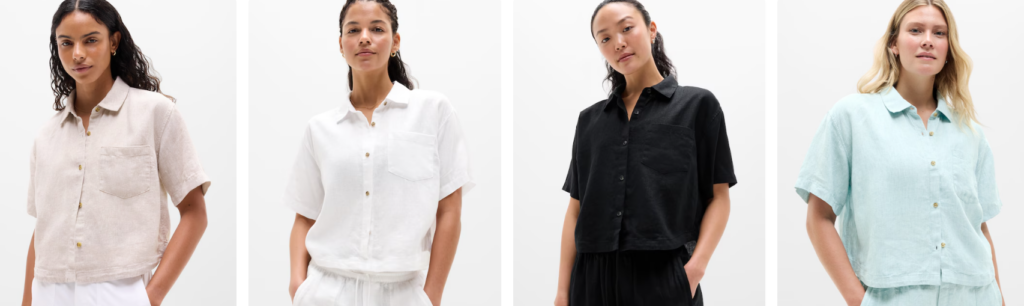 Four models, each wearing a different color short sleeve linen shirt -- beight, white, black and baby blue