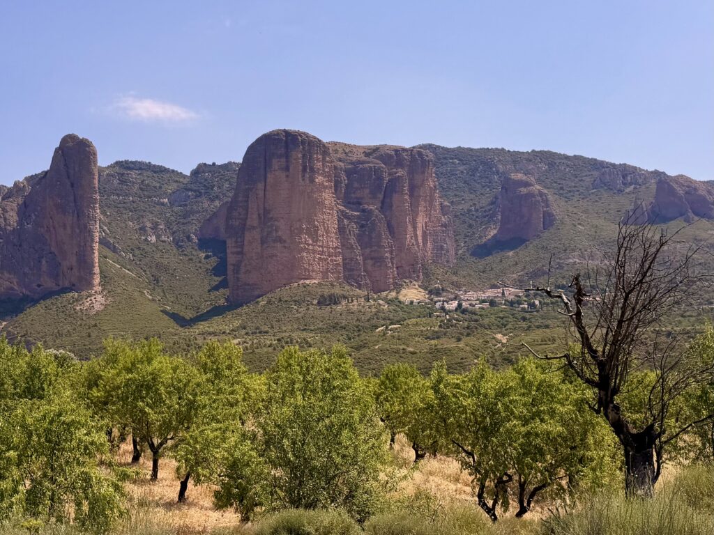 Mallos de Riglos red rock formations in the foothills of the Spanish Pyrenees in Aragon.