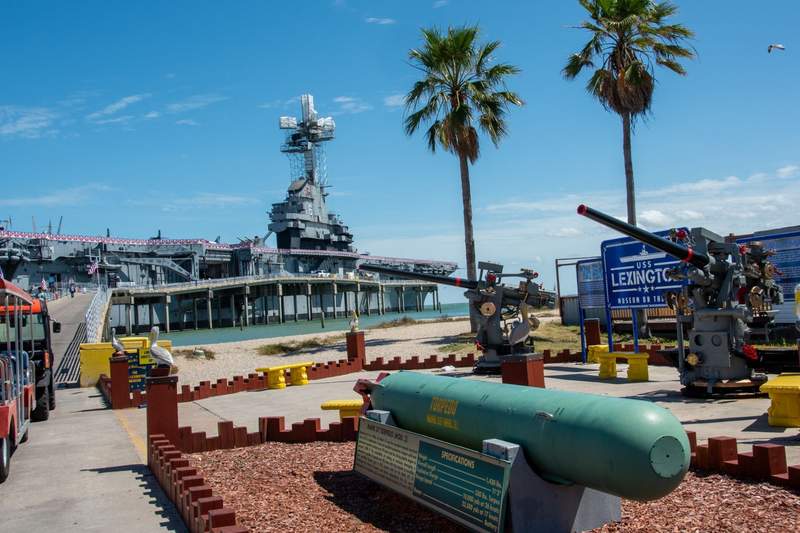 A retired US Naval ship in the bay, the USS Lexington 