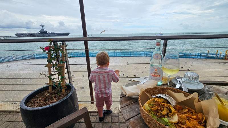 A young boy watching the birds by the bay and the USS Lexington in the background 