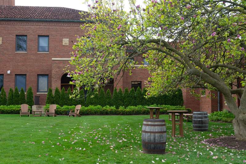 Scenic grounds and architectural view of Saint John's Resort in Michigan