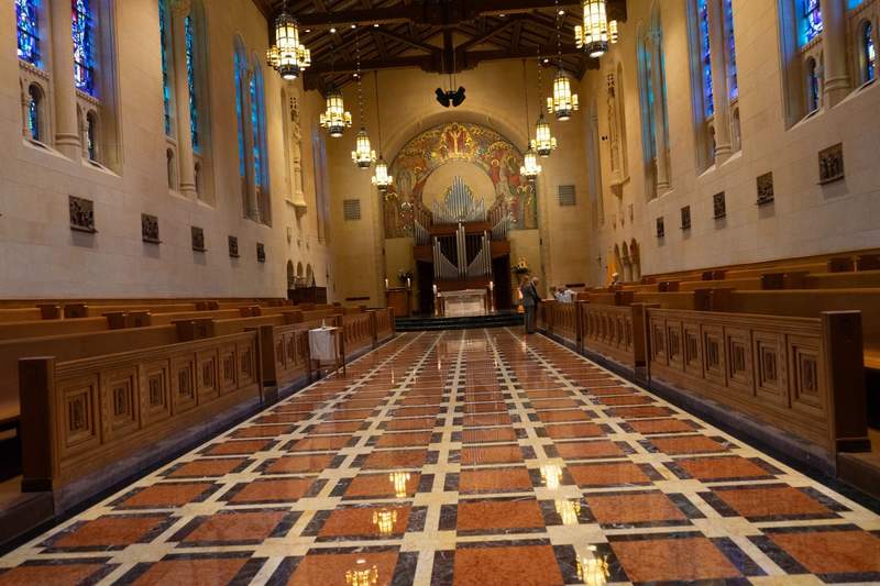 The historic brick chapel at Saint John's Resort, originally built as a 1940s Catholic seminary