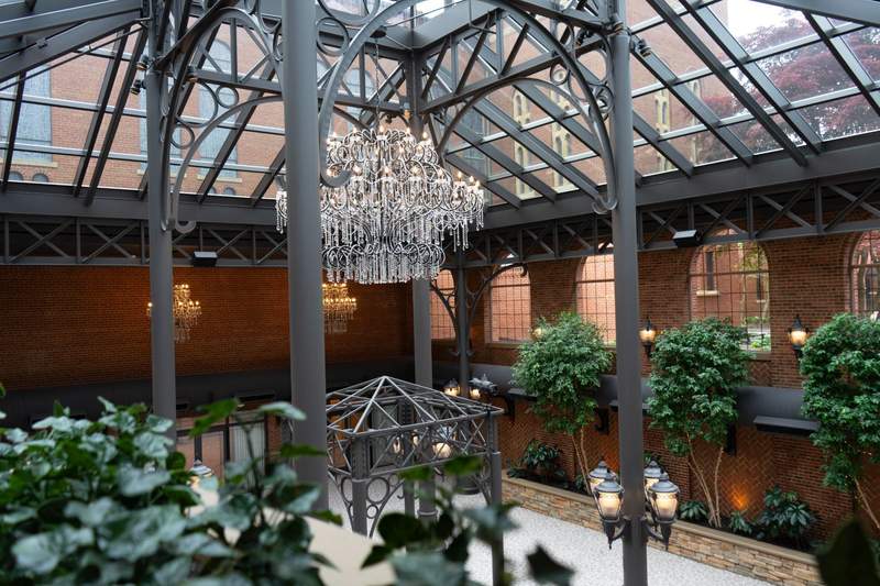 The sunlit Atrium Ballroom at Saint John's Resort, a popular wedding venue in Plymouth Michigan