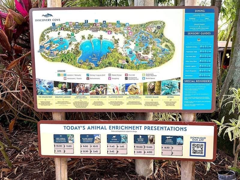 Map showing the layout of Discovery Cove park and a chart with times of animal encounters underneath it
