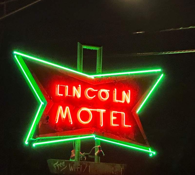 The neon sign for Lincoln Motel on Route 66 in Chandler OK 