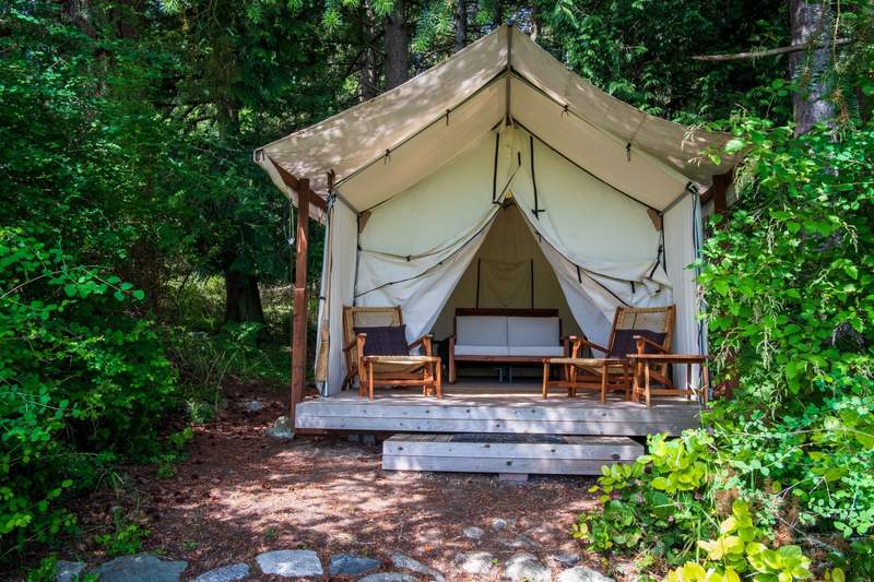 A glamping tent at Lopez Farm Cottages and Tent Camping, Lopez Island