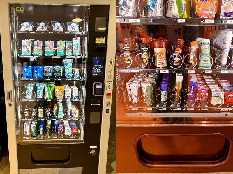 Vending machine and close up with feminine hygiene products, sun block, lube, condoms and basic over-the-counter medications.