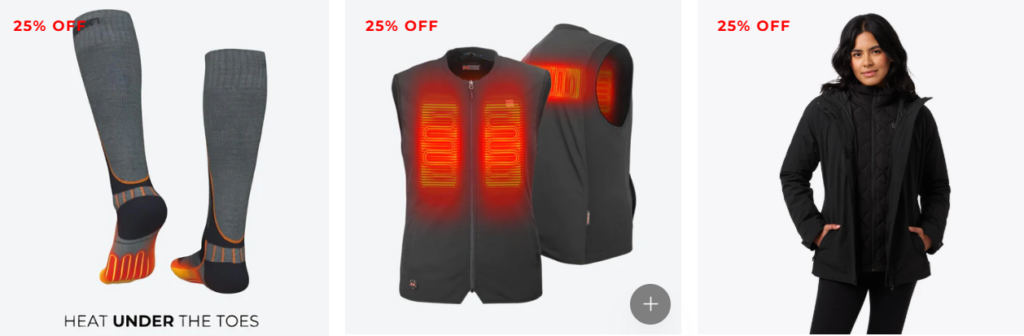 Three images of heated slother -- socks, vest and jacket from Fieldsheer