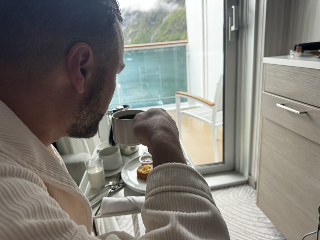 Room-service breakfast with views of icebergs and the dramatic scenery of Endicott Arm