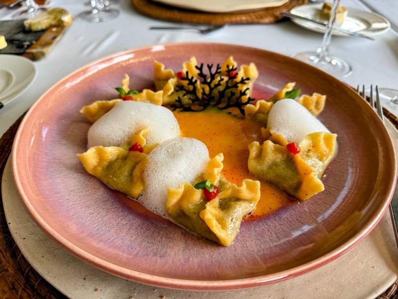 Fine dining plated pasta dish at Palopo 6.8 restaurant overlooking Lake Atitlan Guatemala