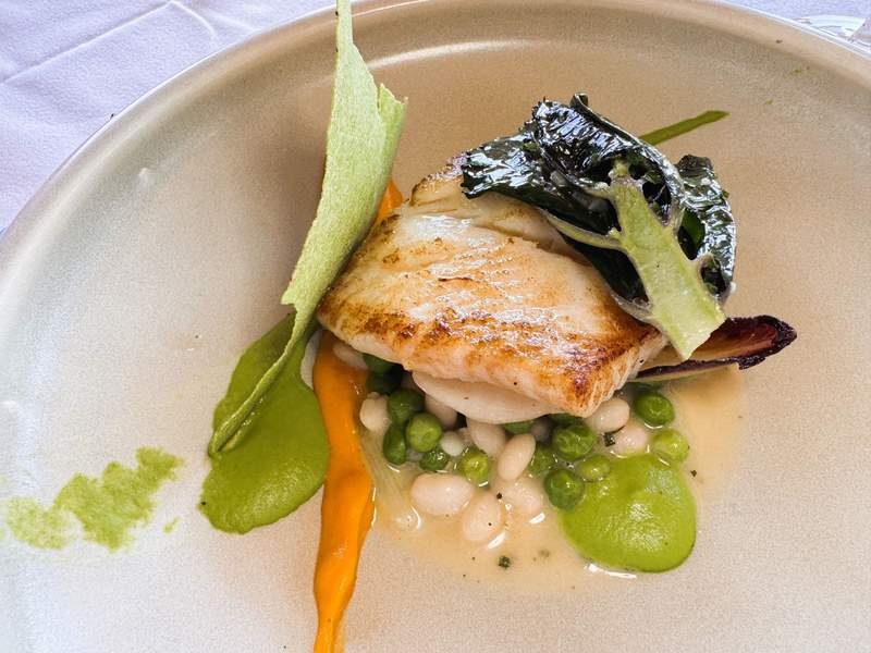 Halibut over a bed of white beans and fresh peas with fresh baby kale and colorful garnishes.