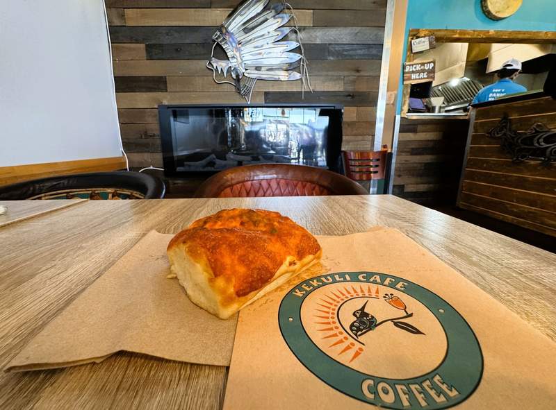 Bannock, a traditional bread sitting on a table in the Kekuli Cafe.