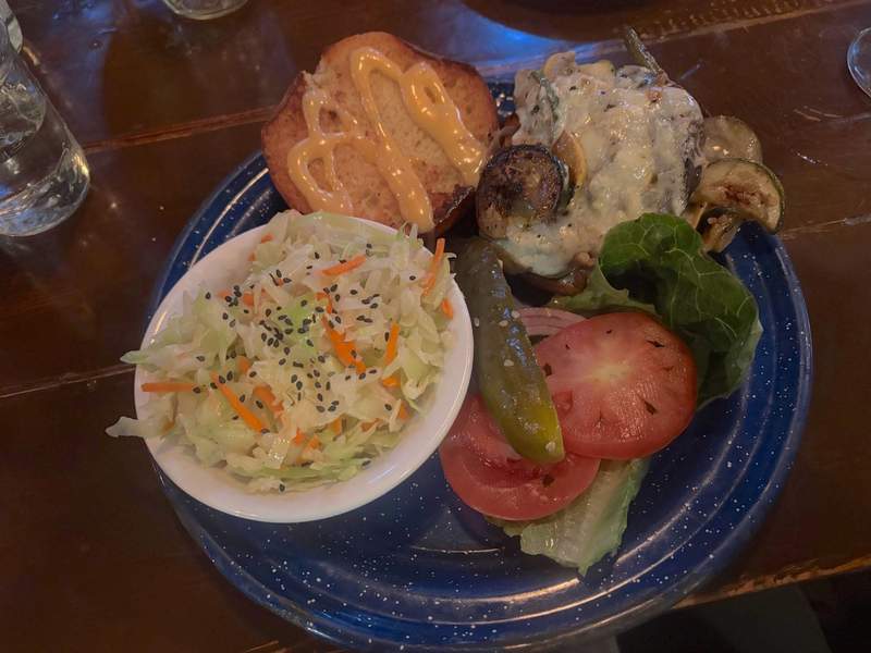 BBQ veggie sandwich and slaw