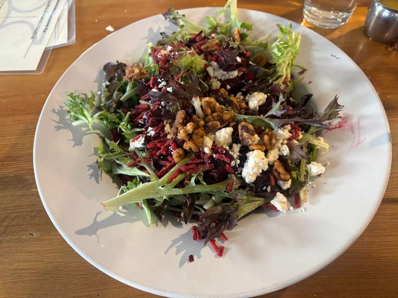 Greens, beets, walnuts and cheese salad