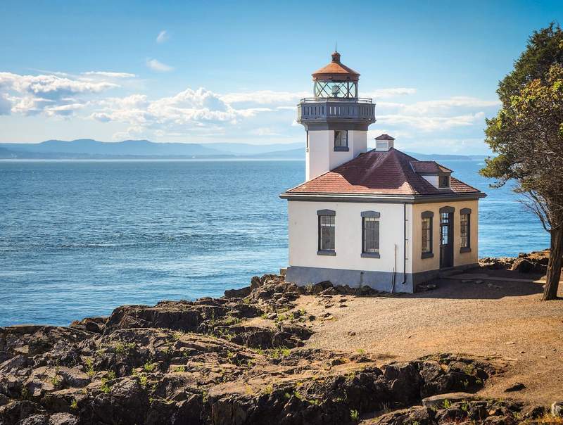 The historic white Lime Kiln Point Lighthouse standing on a rocky shoreline