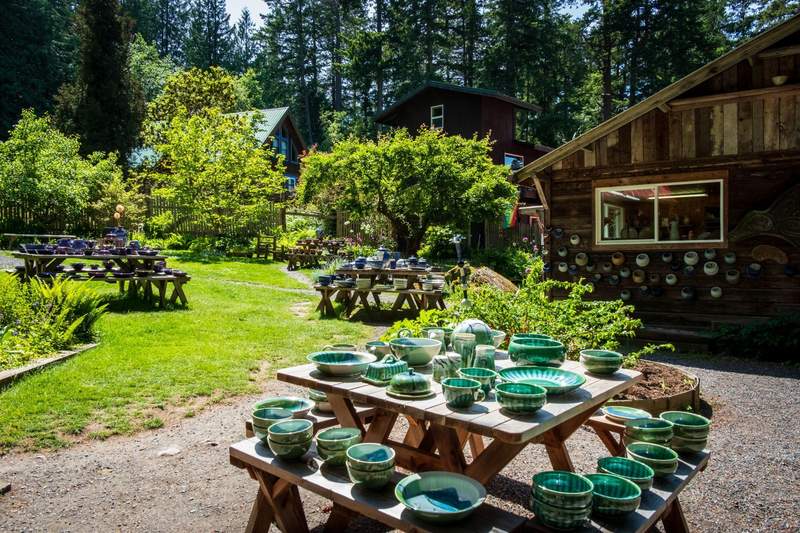 Colorful handmade ceramic pottery displayed outside in a beautiful woodland setting
