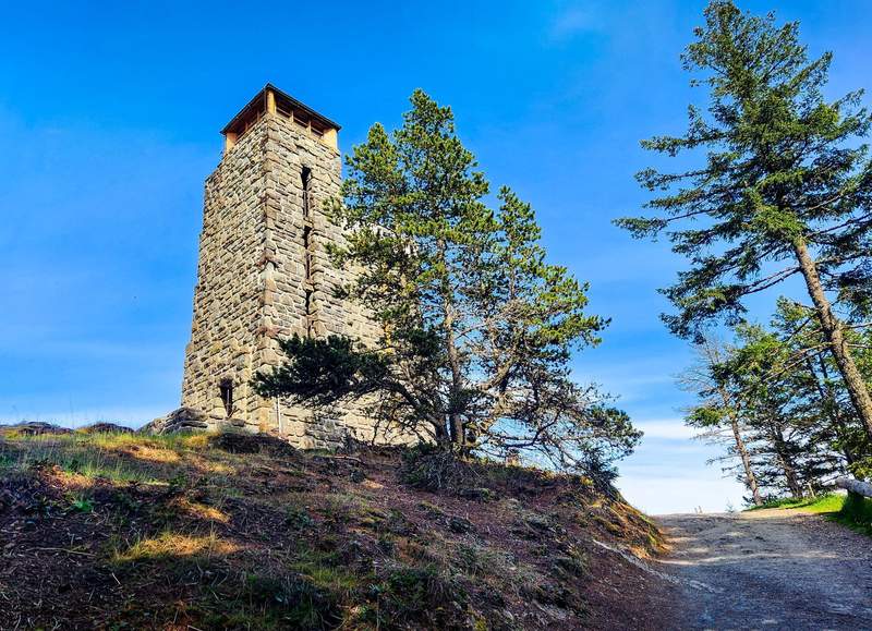 The stone observation tower on the top of Mount Constitution