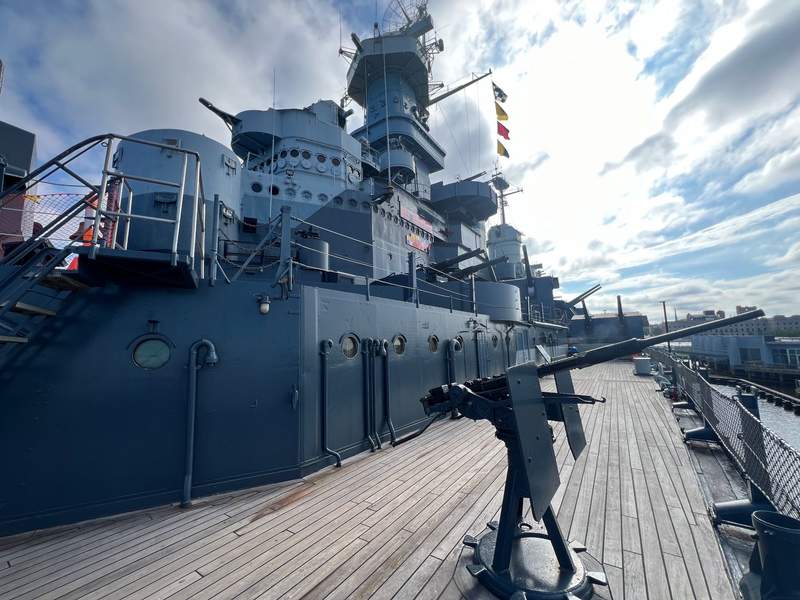 Top deck view on the U.S.S. North Carolina, with deck guns.