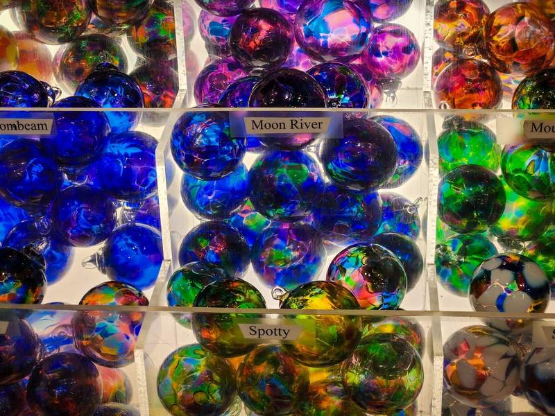 Vibrant hand blown glass art on display at Glass Forge Gallery and Studio