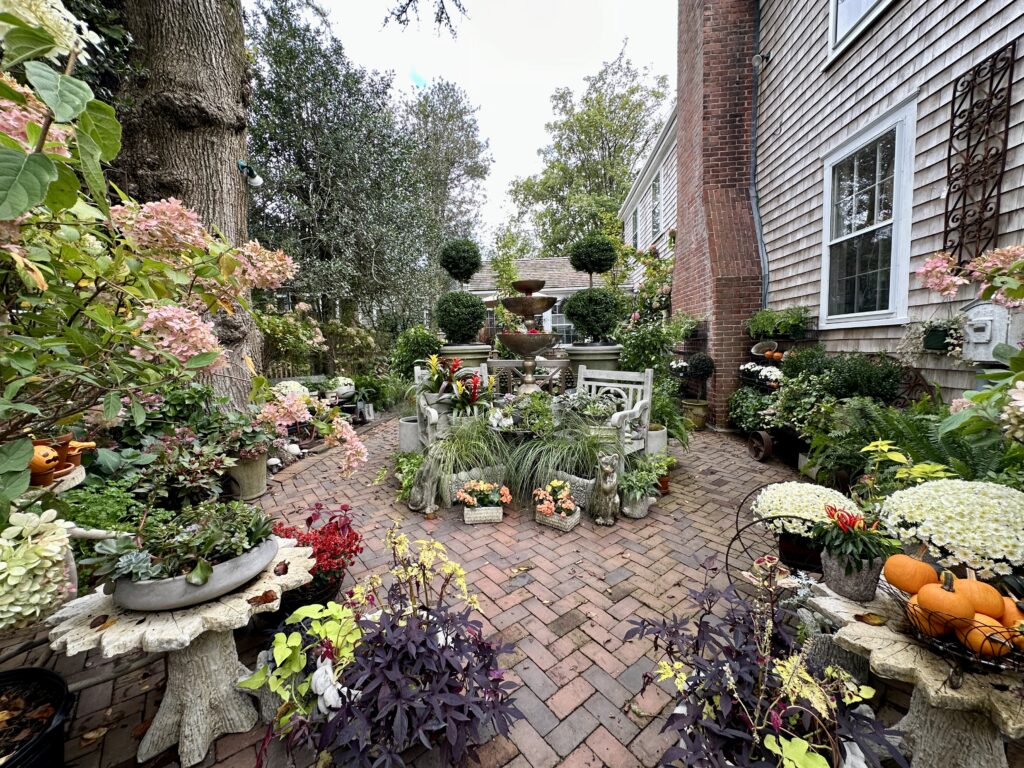 Fall theme floral display in a brick paved courtyard in Nantucket