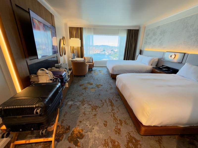 Standard double queen room at the Fairmont Waterfront Vancouver with overlooking the harbor.