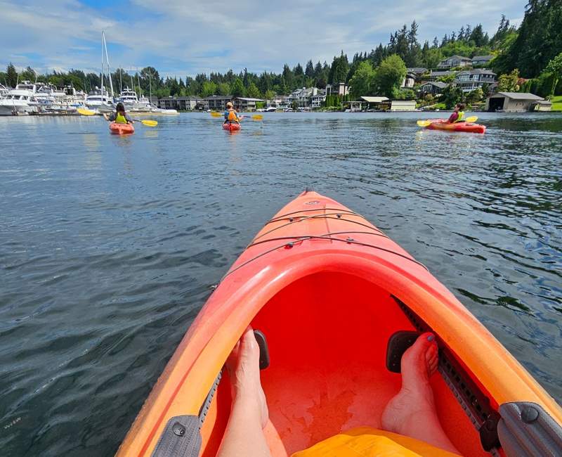 Women wearing lifejackets while kayaking on calm water in a marina.