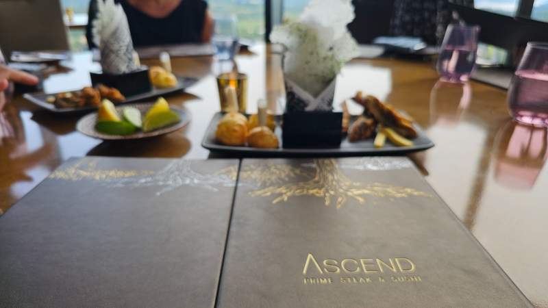 Leather covered menu in front of a few appetizers at restaurant