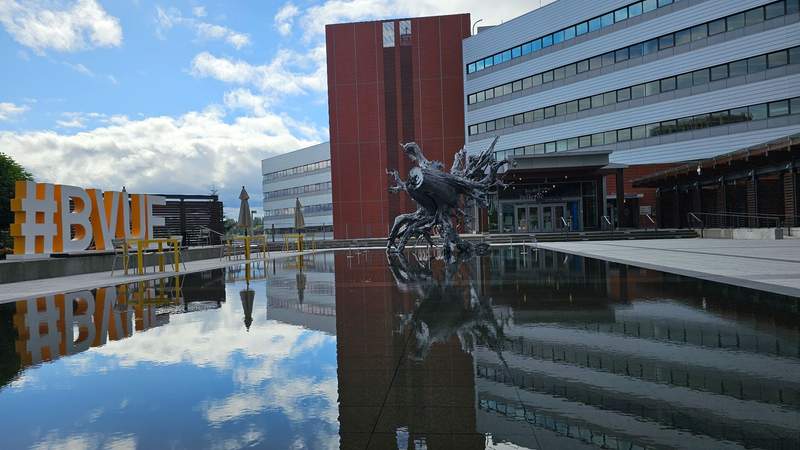 a building behind a reflecting pool displaying local art