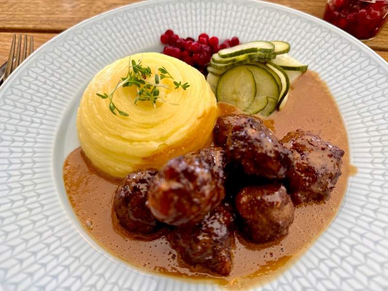 Traditional Swedish meatballs served with lingonberries at Långa Raden in Stockholm.