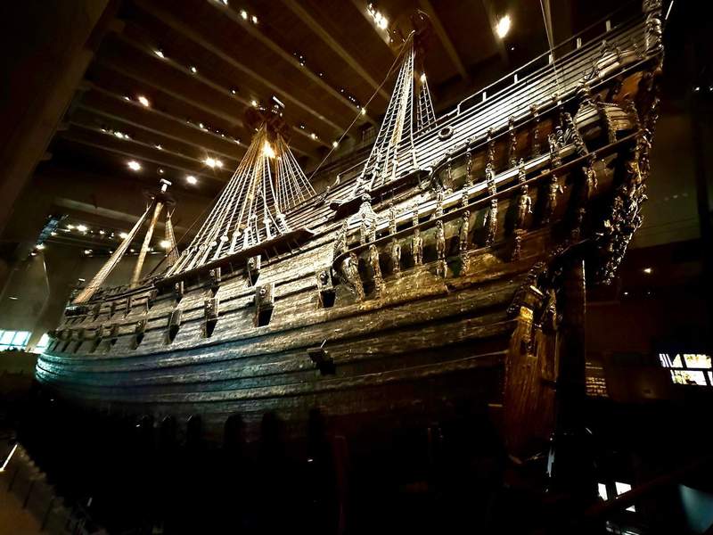 The preserved Vasa warship on display inside Stockholm’s Vasa Museum.