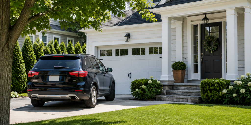 SUV parked in the driveway of a white house
