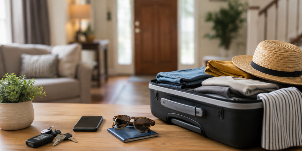 Packed carryon suitcase in the living room of a suburban house