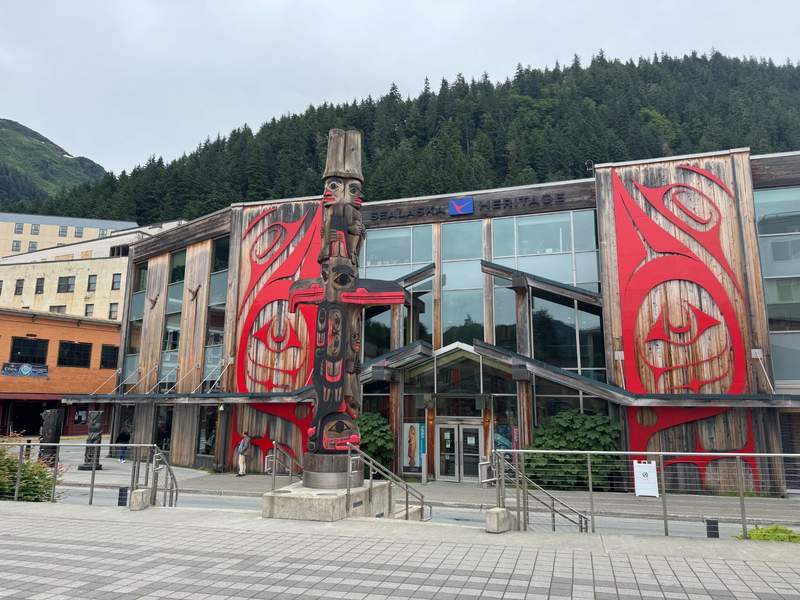 Exterior view of the Walter Soboleff Building at Sealaska Heritage Institute in downtown Juneau featuring traditional Northwest Coast Native artwork.