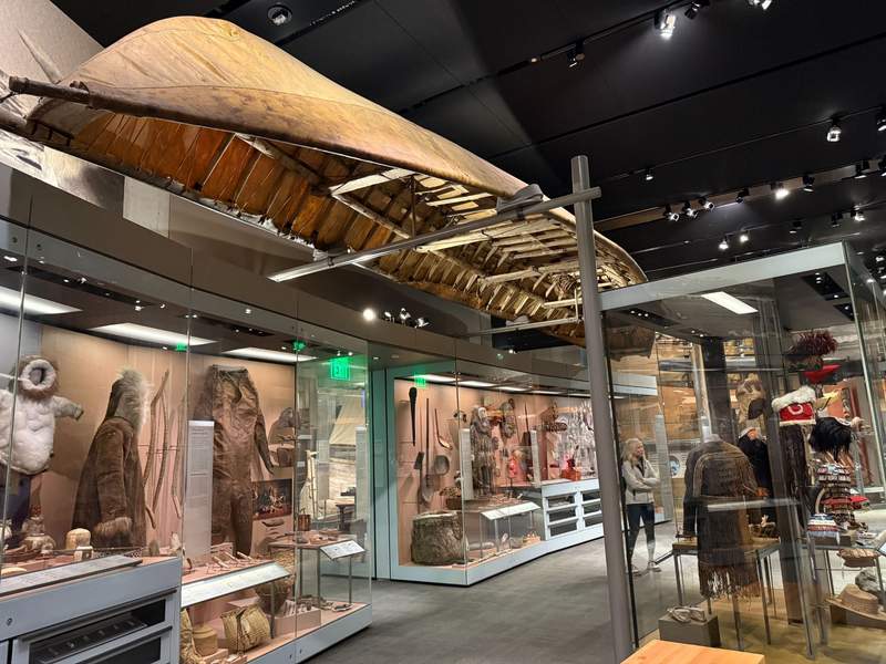 Exhibits showcasing authentic Alaska Native art, Tlingit heritage artifacts, and Gold Rush history inside the Alaska State Museum in Juneau.