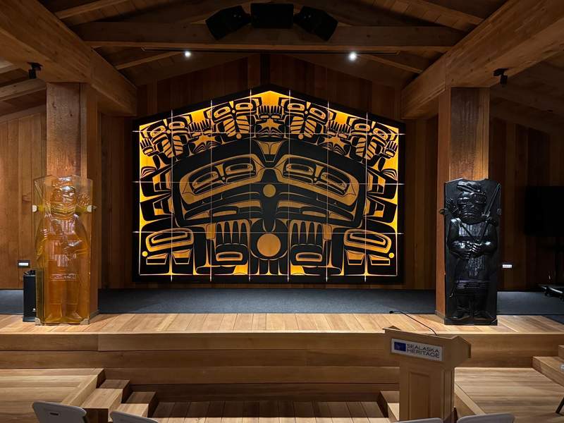 Authentic full-scale hand-carved traditional Tlingit clan house located inside the Walter Soboleff Building at Sealaska Heritage Institute.