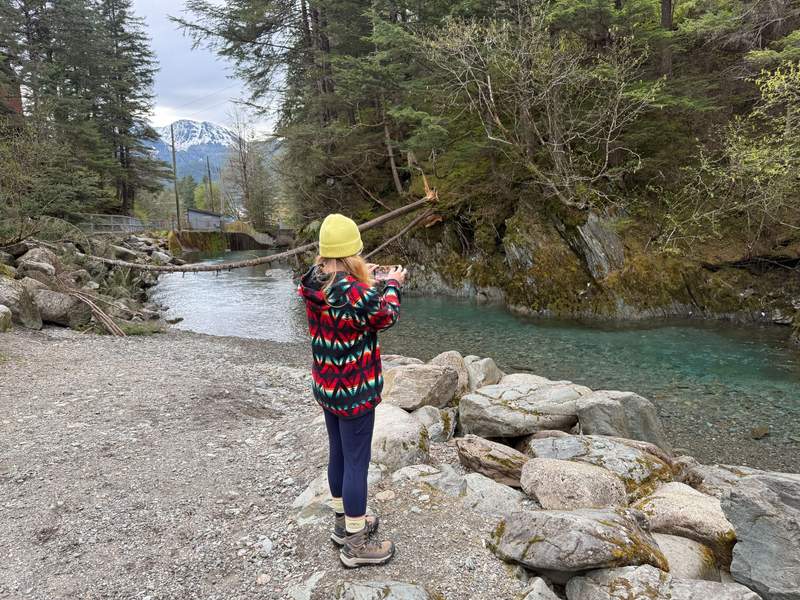 Turquoise waters of Gold Creek flowing through tranquil Cope Park, located a short walk uphill from downtown Juneau, Alaska.
