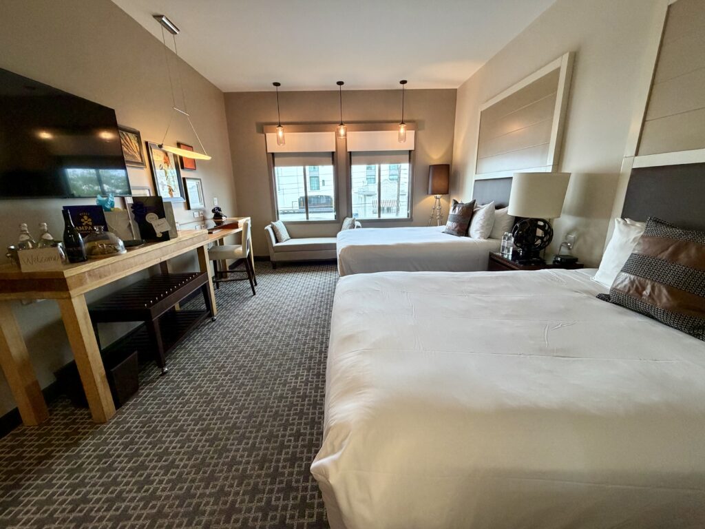 Double queen hotel room at the Epicurean Hotel in downtown Tampa