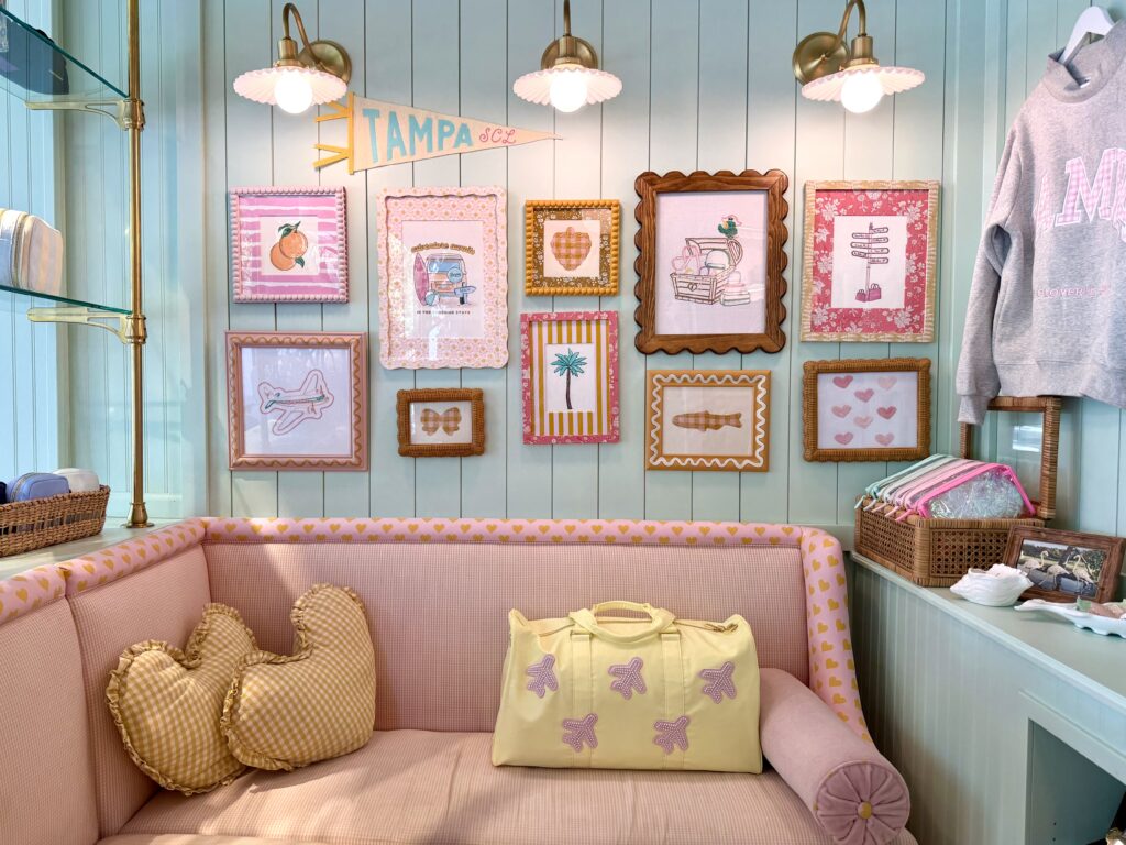 Pastel pink and green seating area in Stoney Clover Lane store in Tampa Florida