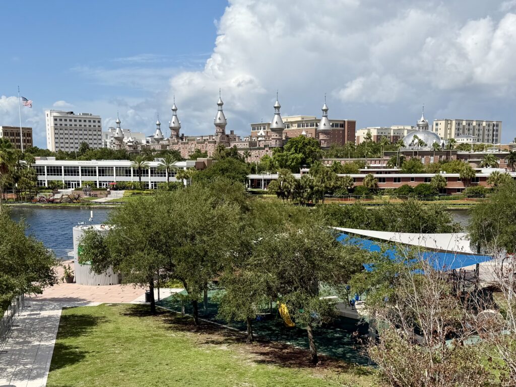 Silver spires of the University of Tampa minarets viewed from the Tampa Museum of Art