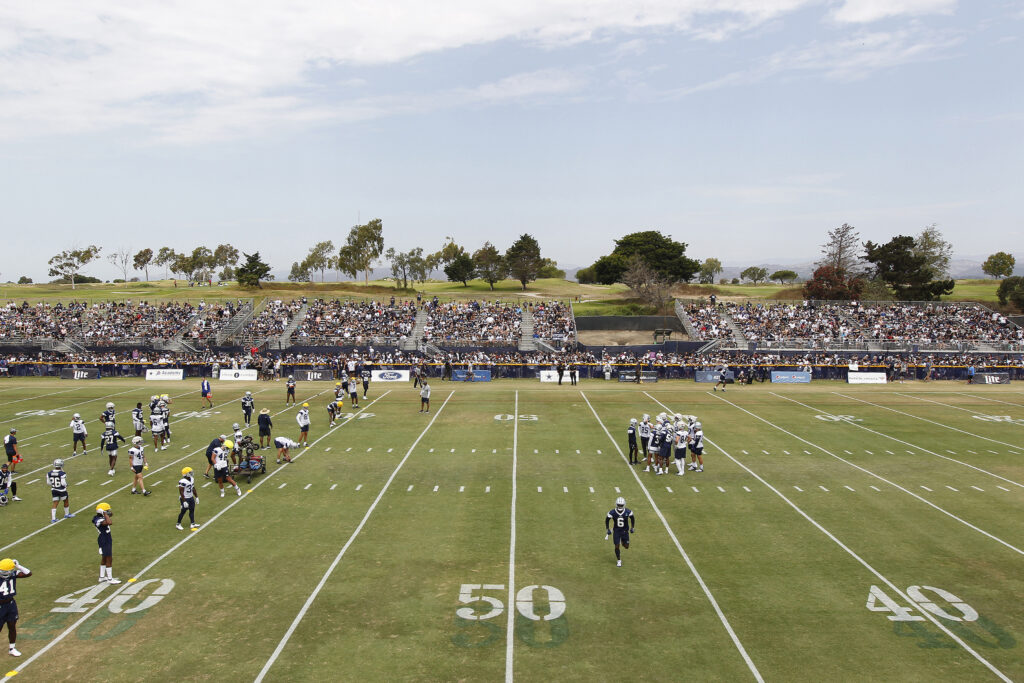 50 yard line field view of Dallas Cowboys in training at Oxnard California training camp